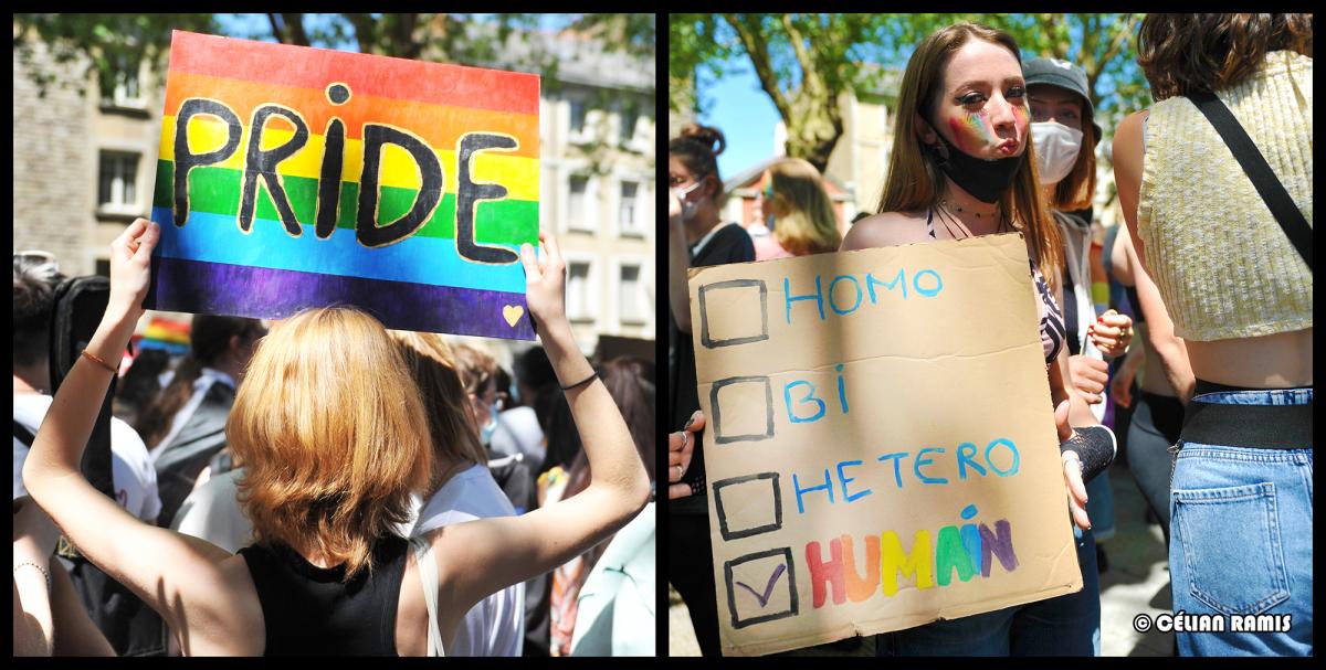 Pancartes Pride lors de la marche des Fiertés